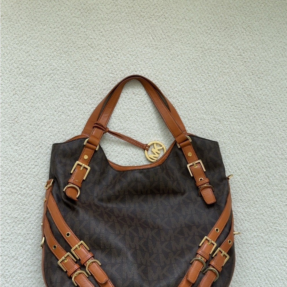 Michael Kors Brown and Gold Shoulder Bag with Monogram Design